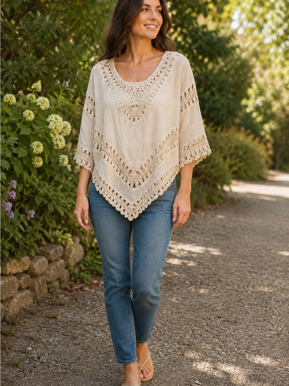Andrée by Unit Cream Crochet-Trim Boho Poncho Top — One Size